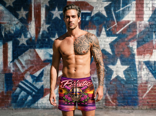 Sunset Skull Tropical Swim Trunks