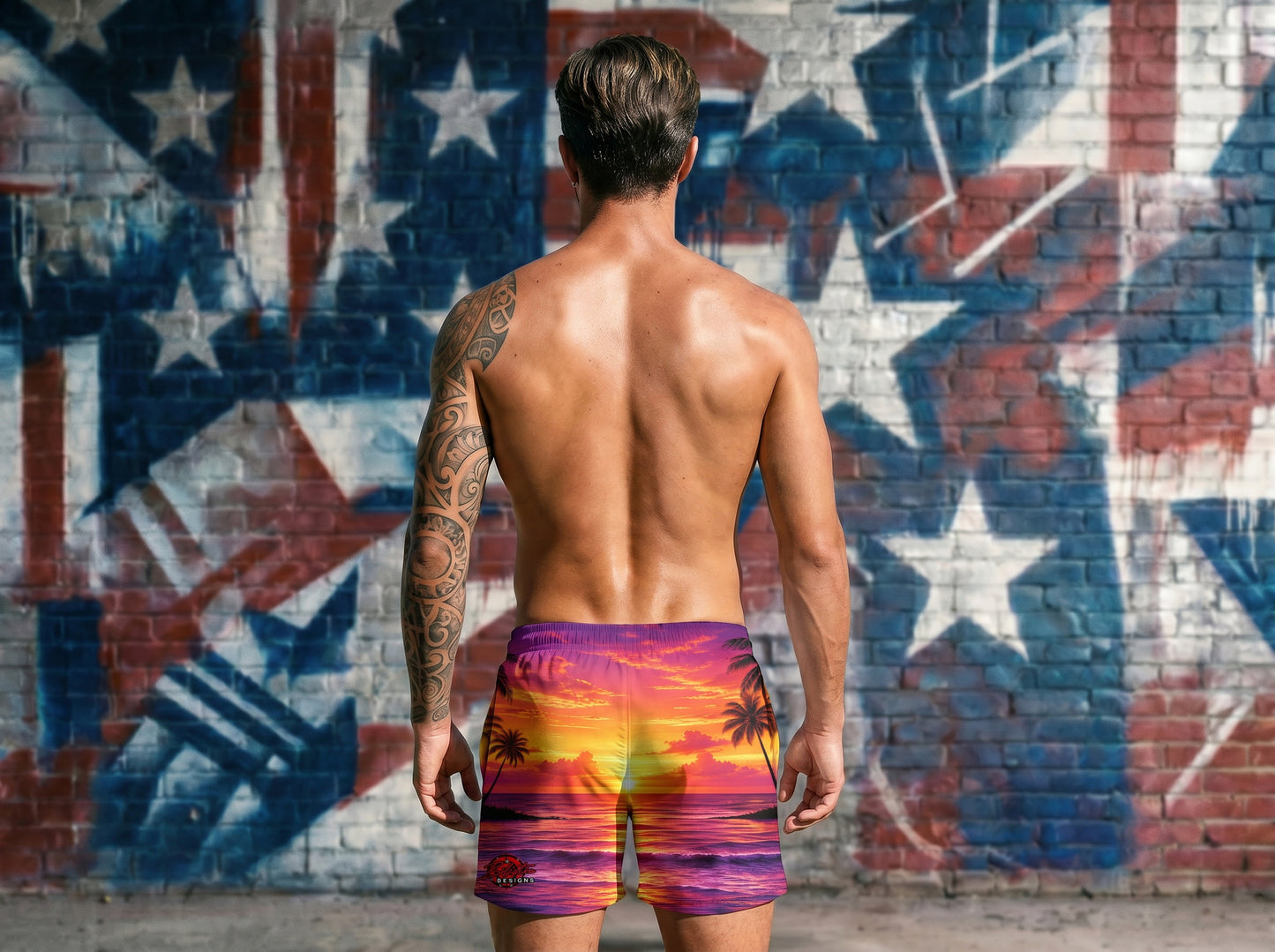 Sunset Skull Tropical Swim Trunks